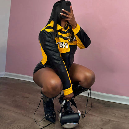 Yellow and Black Faux Leather Biker Jacket Women