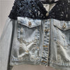 Women Spliced Denim Cropped Jacket with Lace Overlay