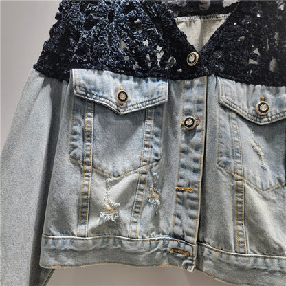 Women Spliced Denim Cropped Jacket with Lace Overlay