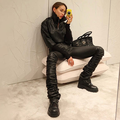 Cropped Faux Leather Bomber Jacket for Women