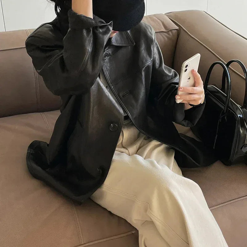 Women Genuine Leather Jacket Oversized Mid-Length Bomber Coat