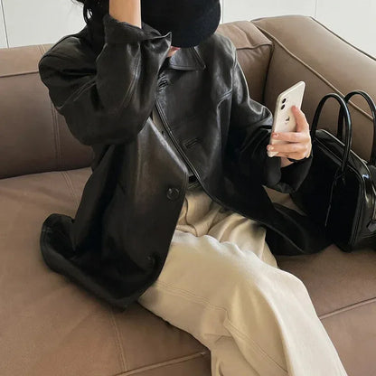 Women Genuine Leather Jacket Oversized Mid-Length Bomber Coat
