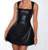 Women solid black faux leather mini dress