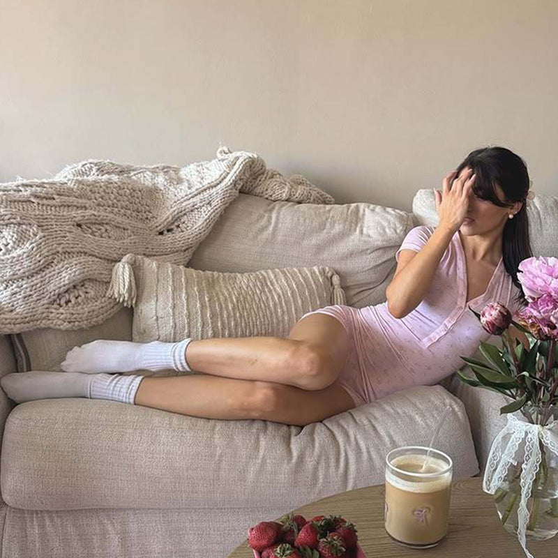 Pink Floral Slim Fit Short Sleeve V-Neck Button Jumpsuit for Women