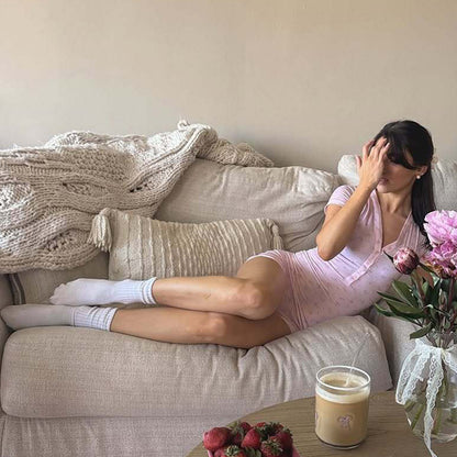 Pink Floral Slim Fit Short Sleeve V-Neck Button Jumpsuit for Women