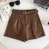 High waist faux leather belted shorts Brown S
