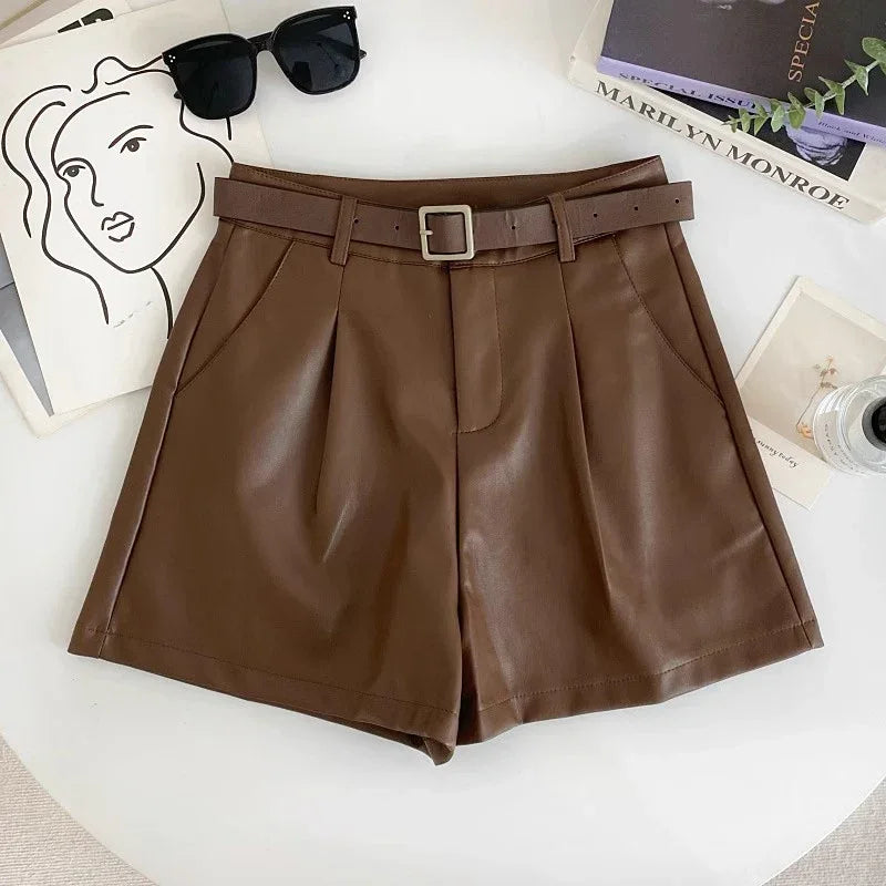 High waist faux leather belted shorts Brown S