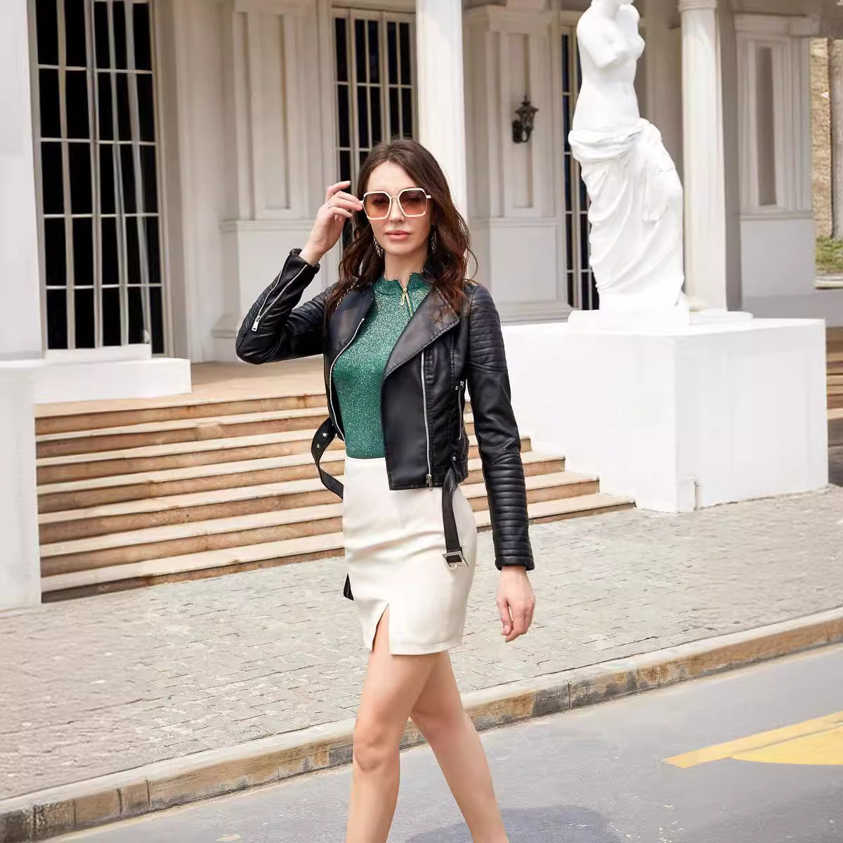 Women’s Faux Leather Motorcycle Jacket with Belt