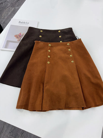High-Waisted Suede Skirt with Gold Button Detail
