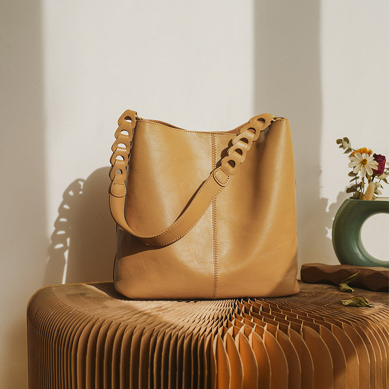 Women Leather Bucket Shoulder Bag Tote with Zipper