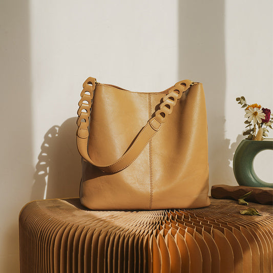 Women Leather Bucket Shoulder Bag Tote with Zipper