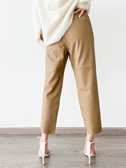 Women Italian Leather Carrot Pants Cropped Straight Leg Elastic Waist