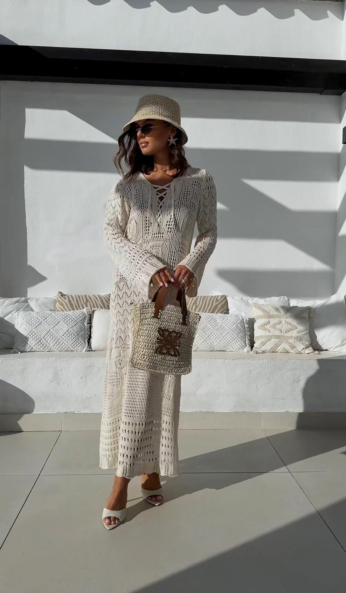 Summer knit hollow v neck beach maxi dress