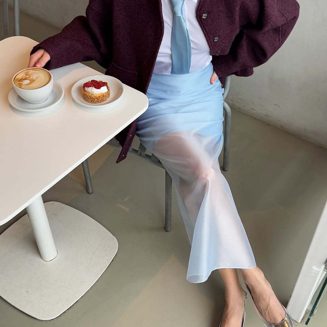 High Waist Sheer Overlay Long Office Skirt