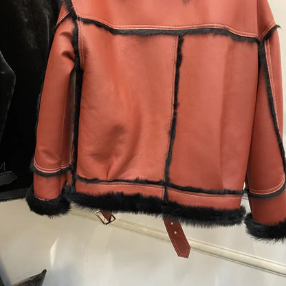 Women Shearling Leather Jacket Fur Bomber Coat