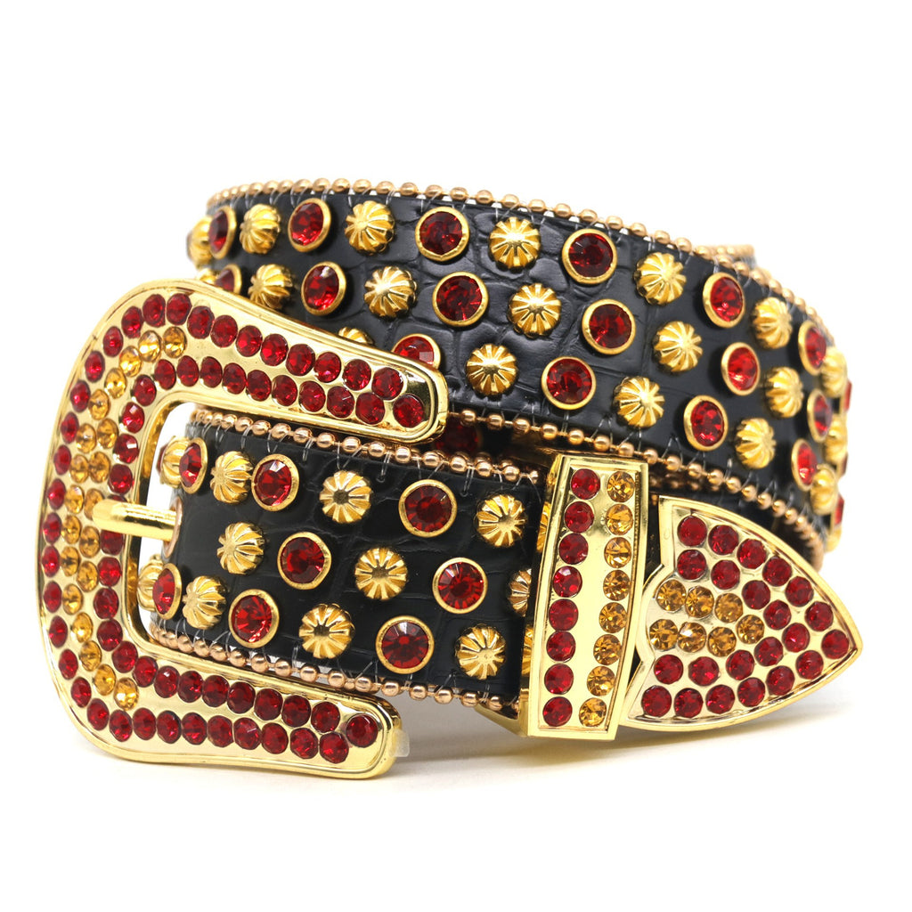 Black rhinestone studded punk leather belt for men streetwear