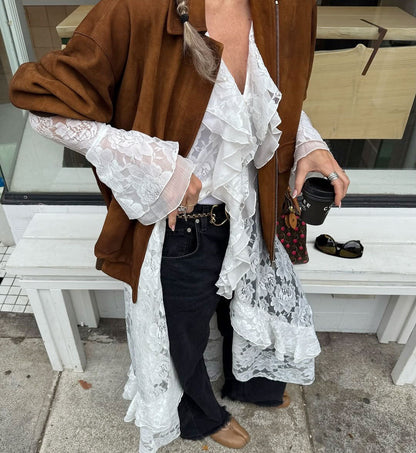 Brown Faux Suede Jacket Oversized Retro for Women