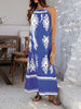 Blue Tribal Halter Neck Women Maxi Dress for Summer