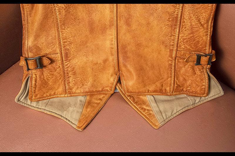 Men's slim-fit washed orange leather motorcycle vest