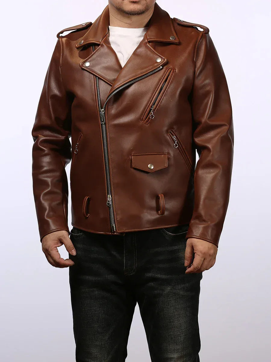 Men’s Oily Brown Waxed Cowhide Biker Jacket