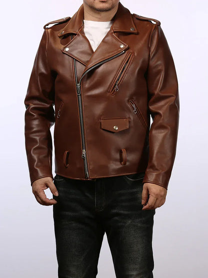 Men’s Oily Brown Waxed Cowhide Biker Jacket