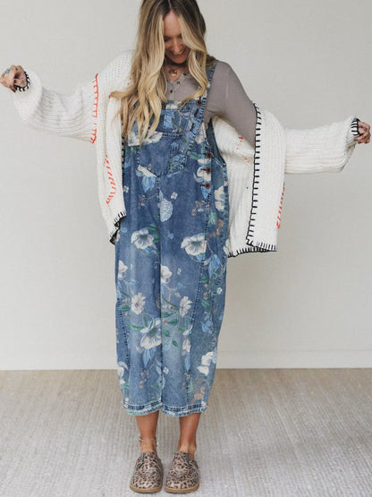 Floral print wide leg denim overalls women