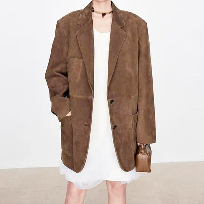 Genuine Leather Suede Jacket Oversized Suit Coat for Women