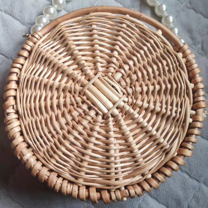 Straw Crossbody Purse Round Woven Bag with Pearl Handle
