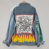 Women Hand-Painted Oversized Graffiti Beaded Denim Jacket