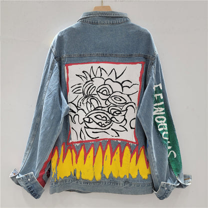 Women Hand-Painted Oversized Graffiti Beaded Denim Jacket