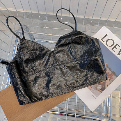 Women Genuine Leather Camisole Top With Zipper Back