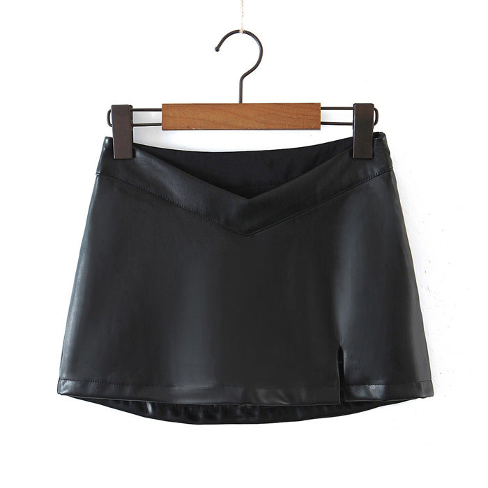 Black PU Leather Mini Skirt with Slit High Waisted