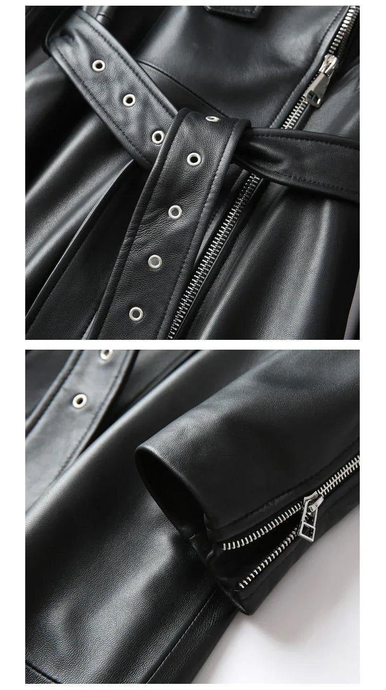 Women long leather trench motorcycle coat - Boho Living Room