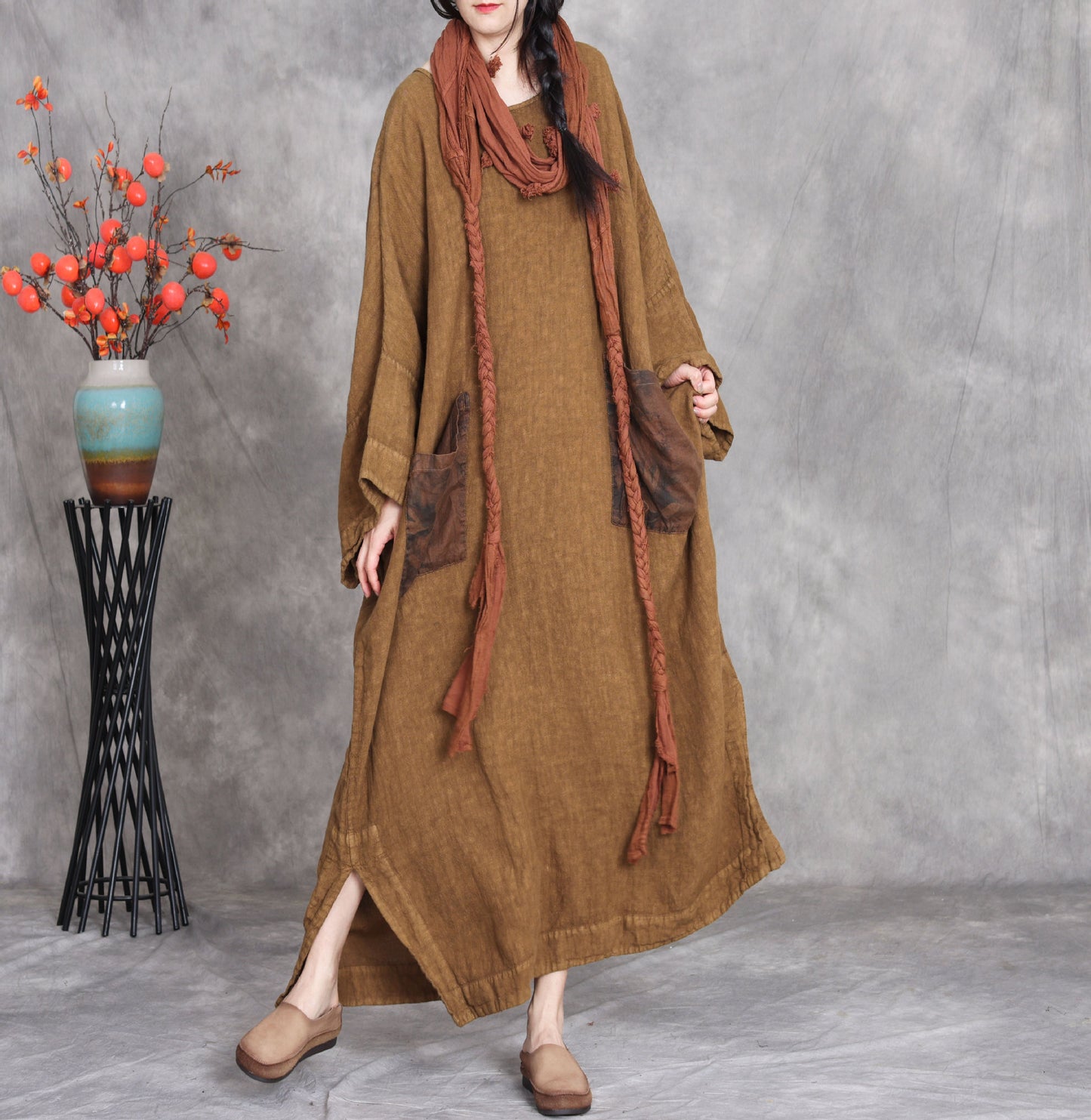 Plus size linen maxi dress loose long sleeve with pockets
