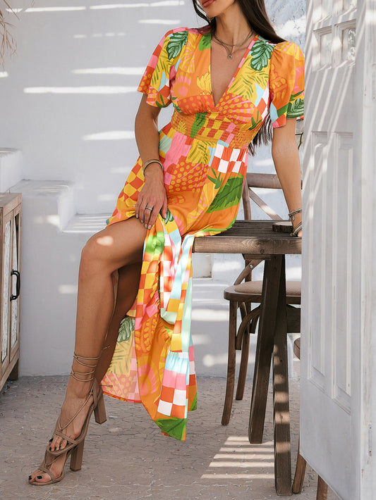 Tropical Floral Maxi Sun Dress for Women Orange