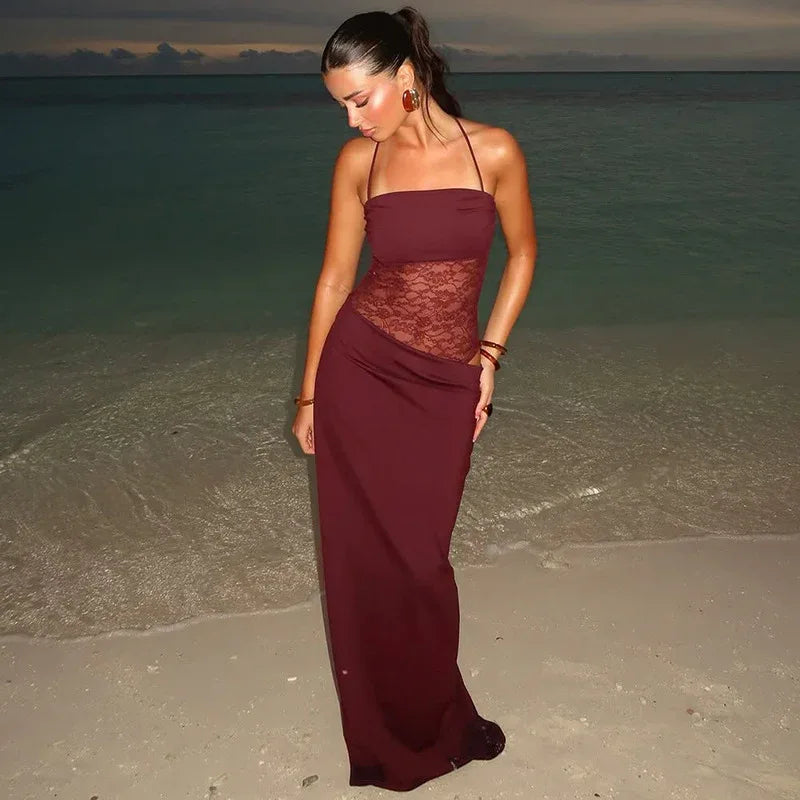 Burgundy lace hollow out slim fit maxi dress