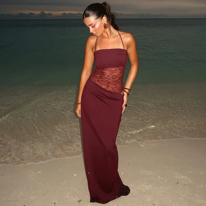 Burgundy lace hollow out slim fit maxi dress