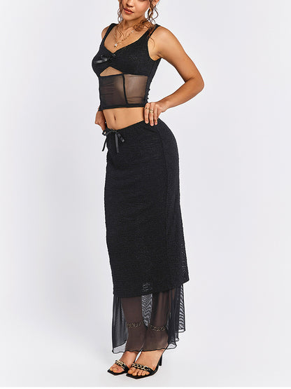 Black mesh camisole top with bow detail