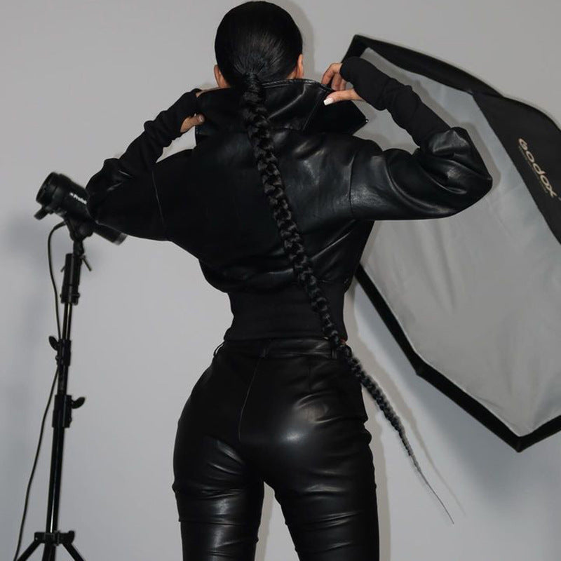 Cropped Faux Leather Bomber Jacket for Women