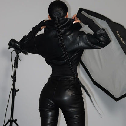 Cropped Faux Leather Bomber Jacket for Women