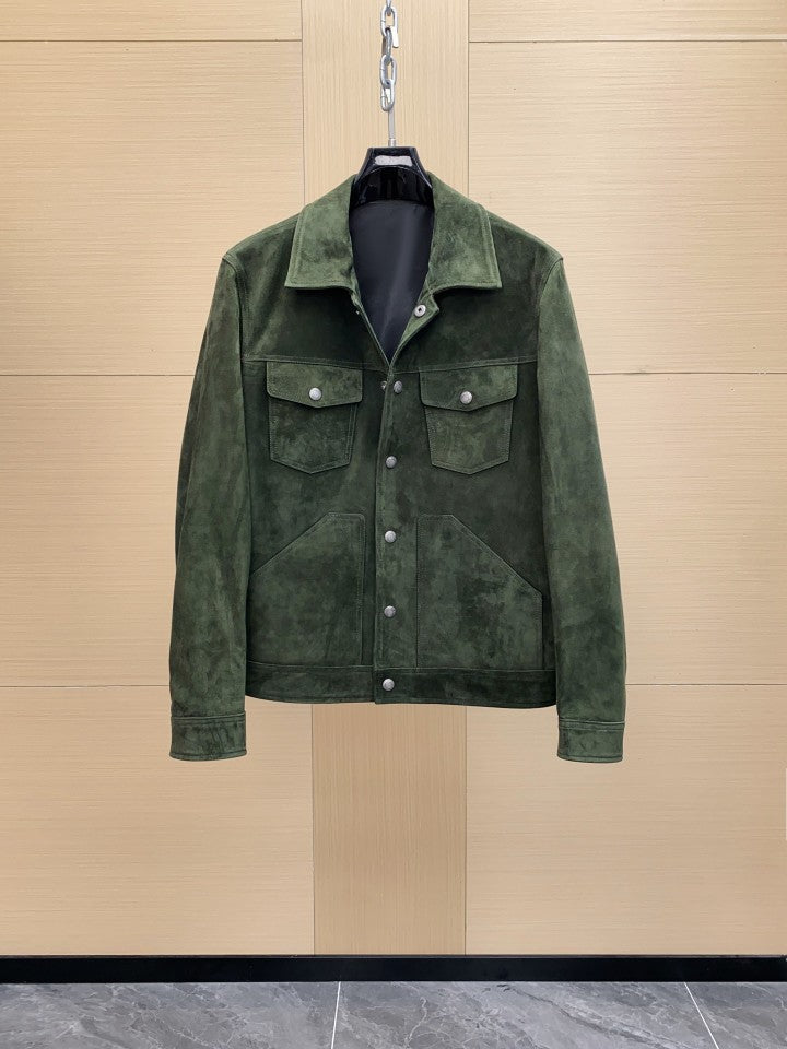 Men’s Dark Green Suede Trucker Jacket Matte Finish