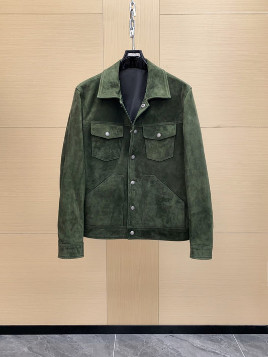 Men’s Dark Green Suede Trucker Jacket Matte Finish