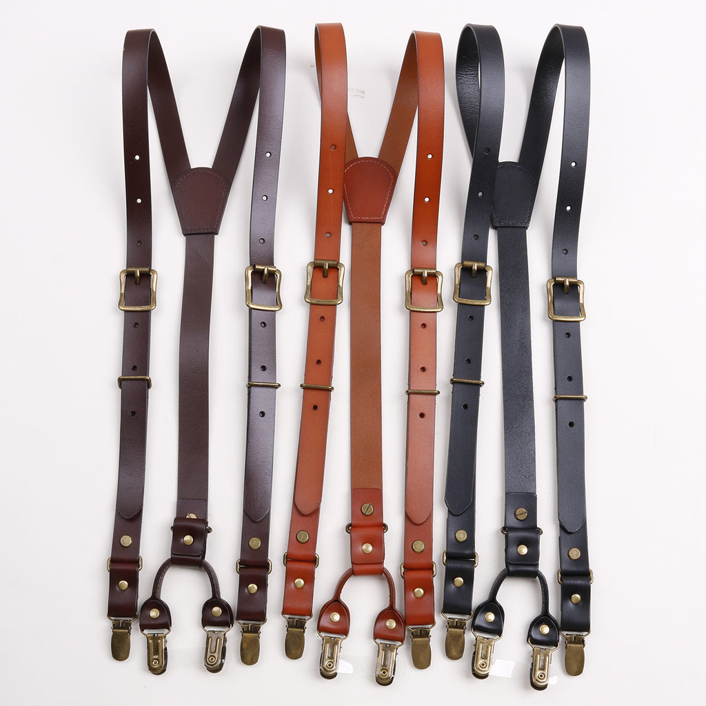 Adjustable men leather suspenders with three clips