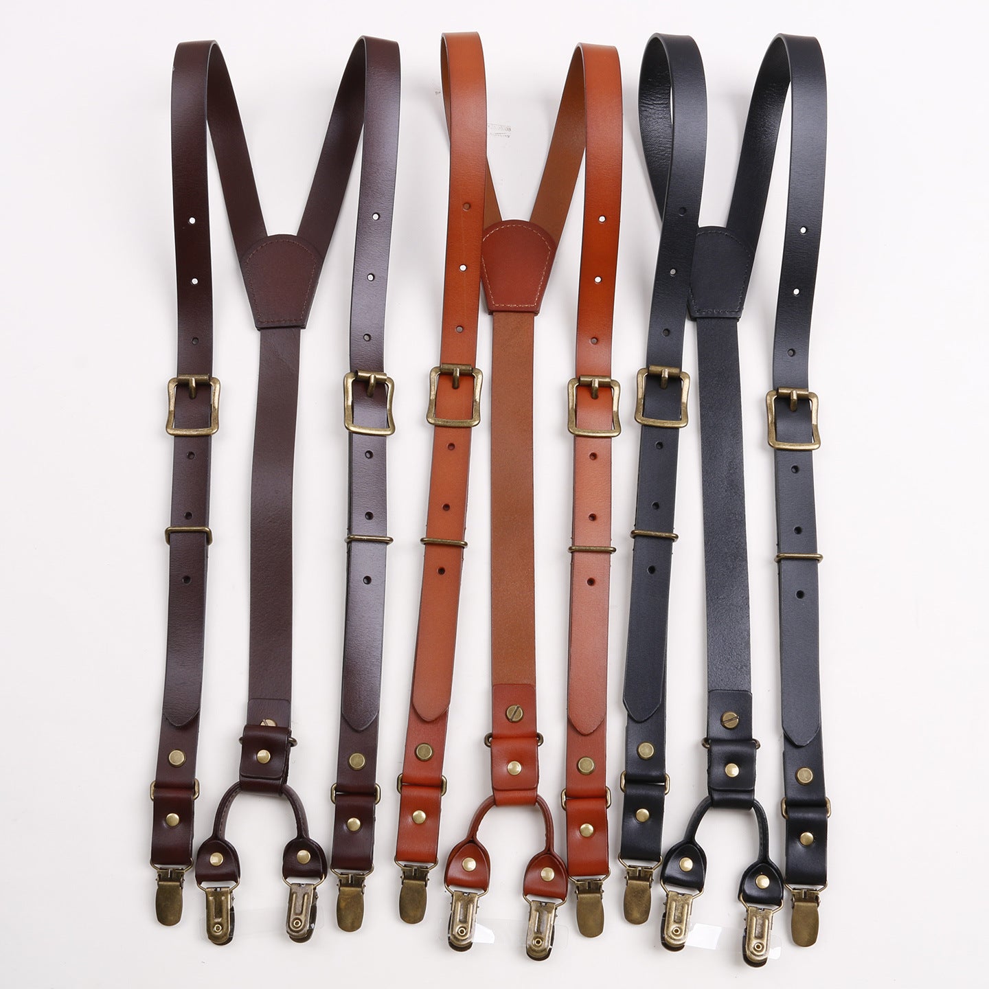 Adjustable men leather suspenders with three clips