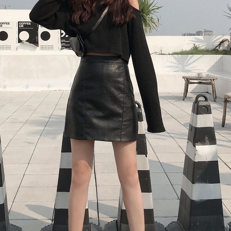 High Waist Black Faux Leather Mini Skirt for Women