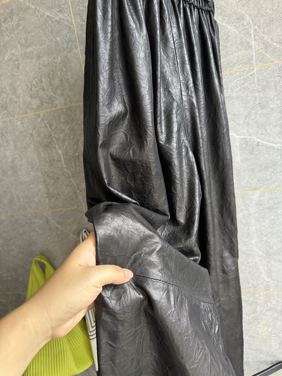 Women Genuine Leather Trousers Elastic Waist Carrot Pants