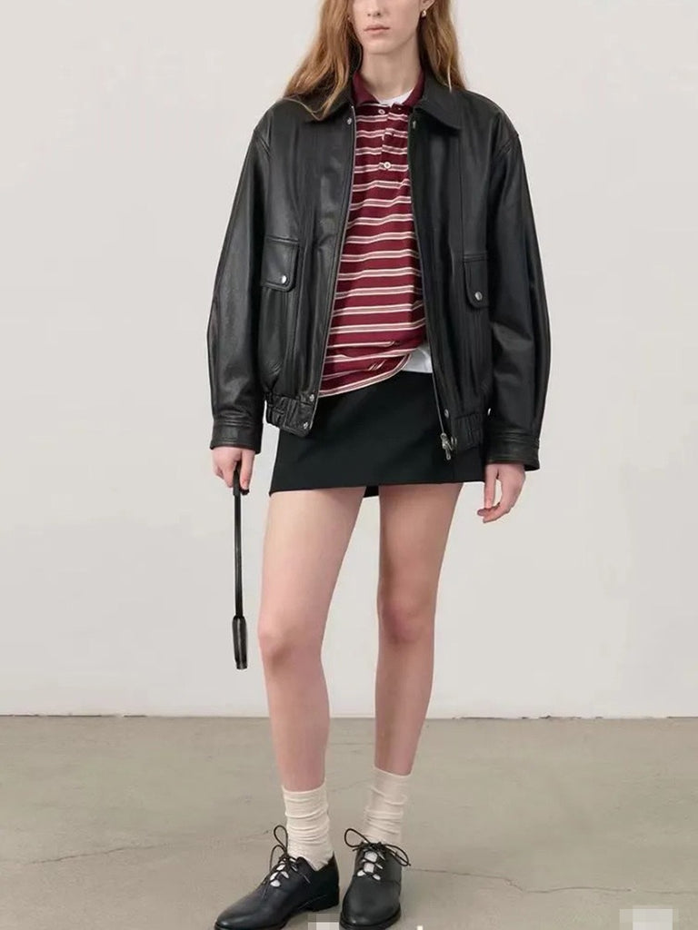 Retro black women leather flight jacket