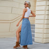 high slit denim long skirt