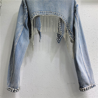 Women Beaded Fringe Tassels Rivet Denim Cropped Jacket