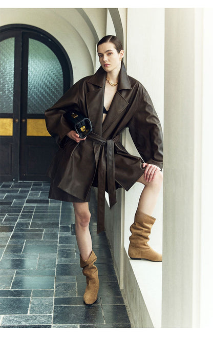 Women’s Oversized Leather Bomber Jacket Moto Trench Coat